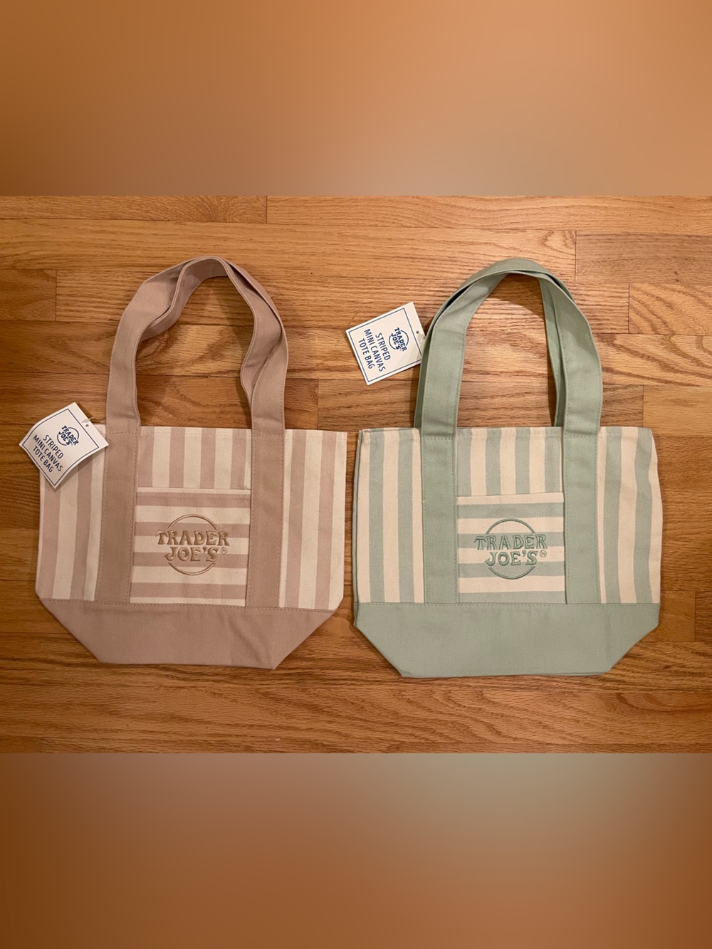 Trader Joe’s Mini Canvas Tote Bags Striped Sage Beige NWT Set of 2
